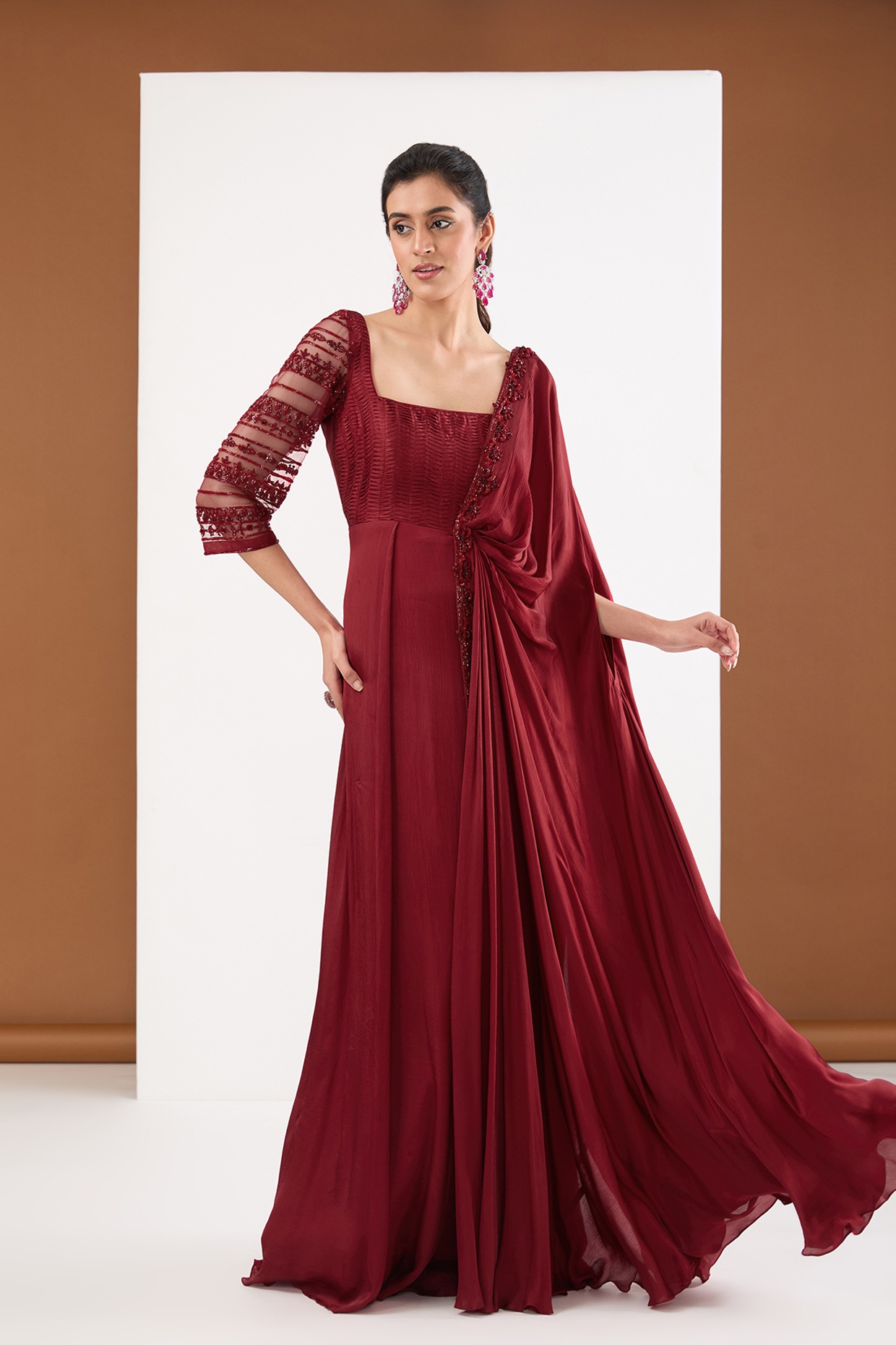 Fashion Ka Fatka Ahmedabad - Maroon Fancy Gown (Full Stitch) Gown Fabric:-  Georgette Gown Colour:- Dark Maroon Gown Inner:- Silk Gown Work:- Sequence  and Zari Embroidery(in Sleeve Fabric net) Gown Flair:- 3.5